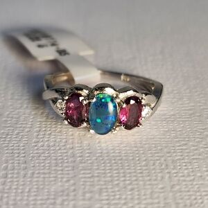 NWT Natural Australian Blue Opal Rhodolite Garnet Wave Shank Semi VTG Ring Sz 5